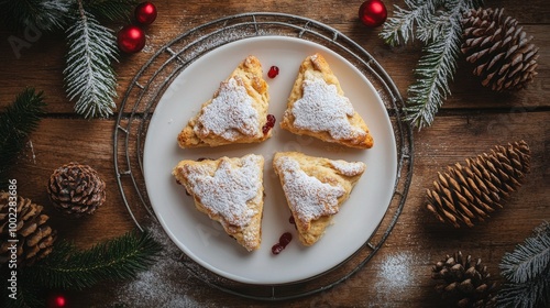 Christmas scones on a rustic table with pinecones and festive decorations