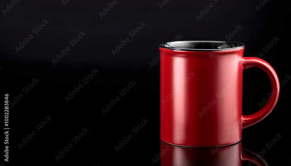 Red Coffee Mug Against a Dark Background. A vibrant red coffee mug displayed on a dark reflective surface, offering a modern and stylish aesthetic. Ideal for concepts of warmth, comfort, and contempor Red Coffee Mug Against a Dark Background. A vibrant red coffee mug displayed on a dark reflective surface, offering a modern and stylish aesthetic. Ideal for concepts of warmth, comfort, and contempor