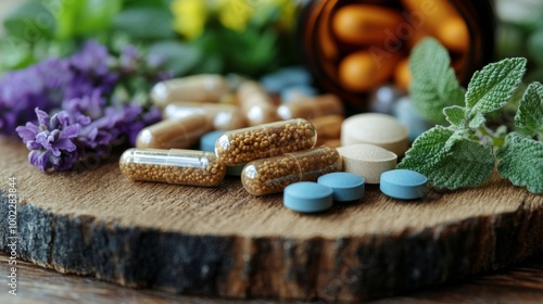 Assorted dietary supplements and herbs laid out on a rustic wooden surface