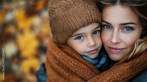 A mother embraces her son in a cozy autumn setting amidst colorful fallen leaves