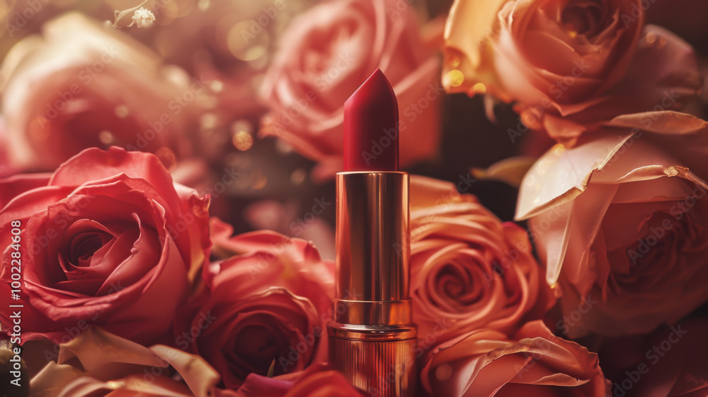Red lipstick among pink and cream roses arranged in soft natural light Red lipstick among pink and cream roses arranged in soft natural light