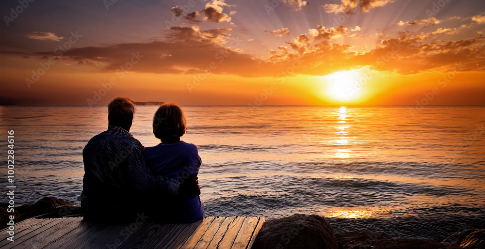 an elderly couple watching a sunset at the sea an elderly couple watching a sunset at the sea