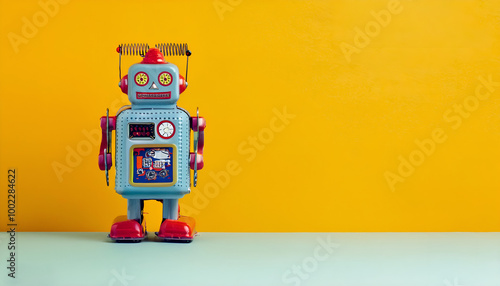 A retro-style toy robot stands against a vibrant yellow backdrop, showcasing nostalgia and classic design. Perfect for themes of technology and vintage toys.