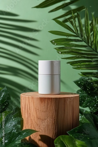 Eco-friendly skincare product placed on wooden surface surrounded by lush gre...