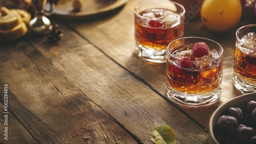 Three glasses of whiskey with raspberries on wooden table photo