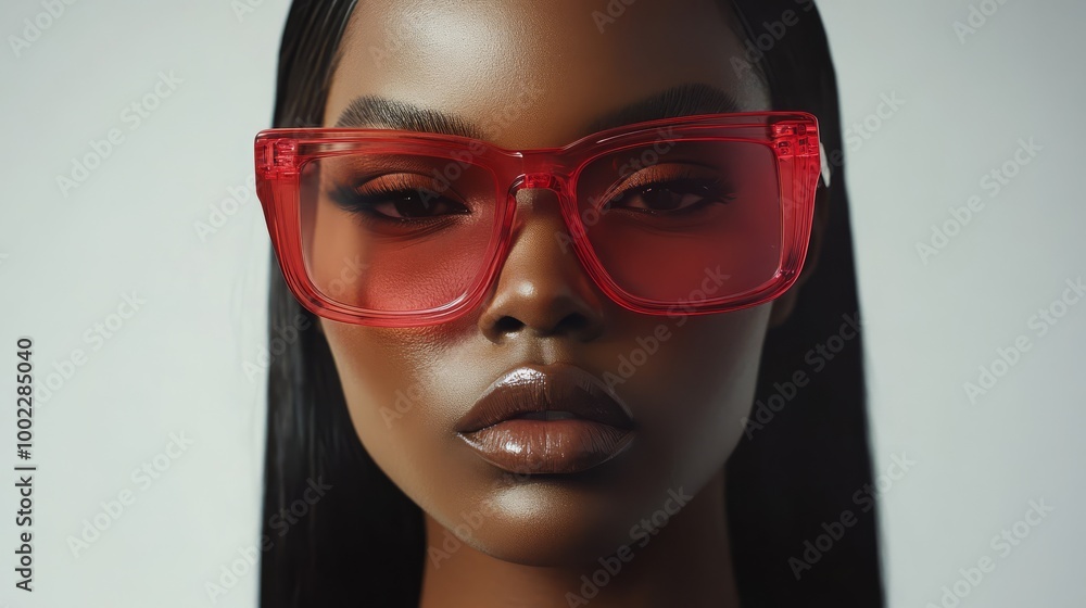 Close-up of a model wearing large stylish red sunglasses, showcasing fashion accessories and modern eyewear trends. Close-up of a model wearing large stylish red sunglasses, showcasing fashion accessories and modern eyewear trends.