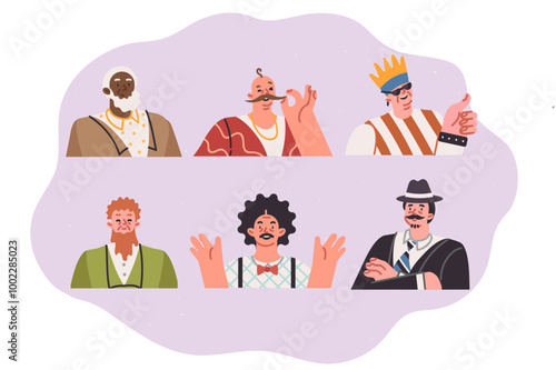 Men of different ages and nationalities demonstrate fashionable looks and hipster hairstyles