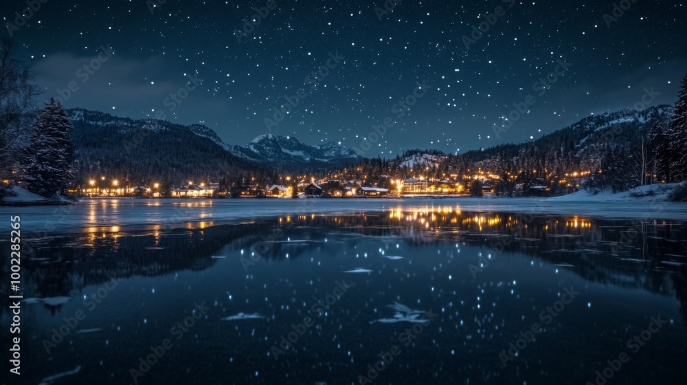 A Nighttime View of a Village Reflected in a Frozen Lake Under a Starry Sky A Nighttime View of a Village Reflected in a Frozen Lake Under a Starry Sky
