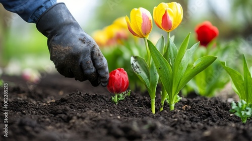 Gardener tending to blooming flowers in a vibrant garden during springtime pl...