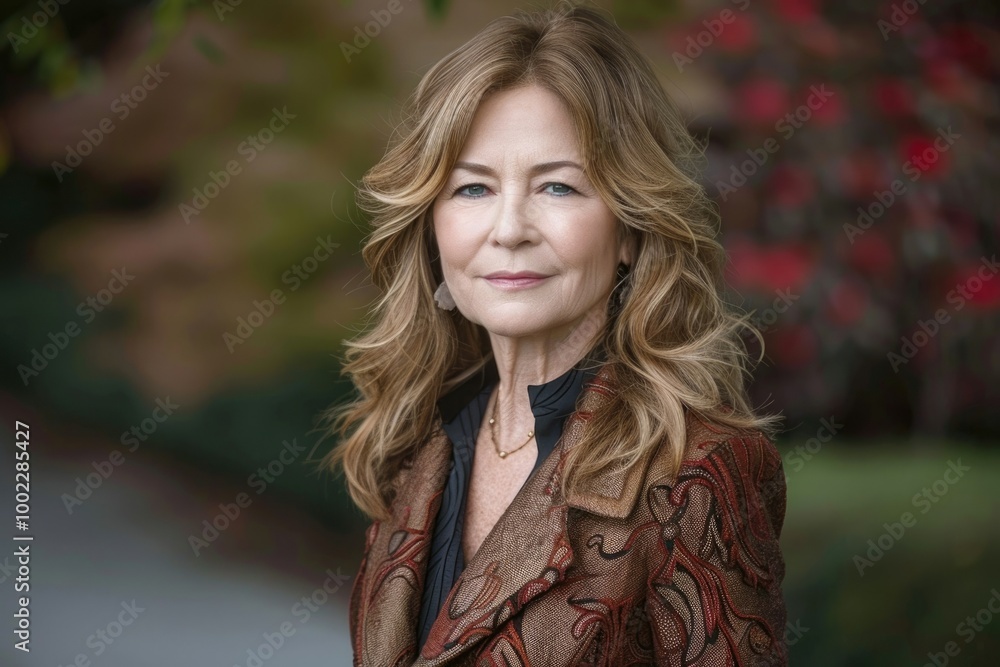 Relaxed middle age woman breathing fresh air standing in the park at summer Relaxed middle age woman breathing fresh air standing in the park at summer