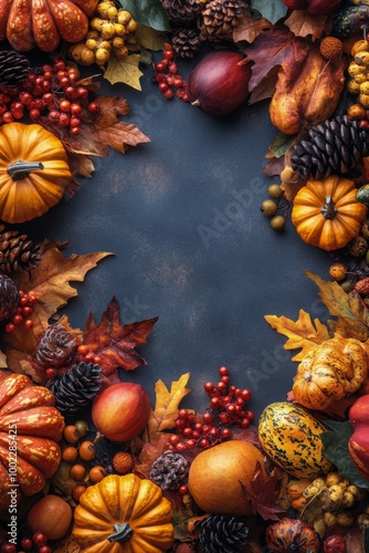 Colorful autumn harvest display with pumpkins, apples, and vibrant foliage on...