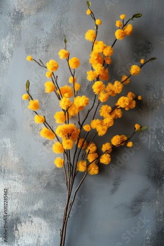 Bright yellow mimosa flowers arranged on a dark stone surface