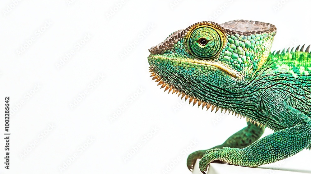 Obraz premium A green and yellow chameleon close-up on a white background, lit by a background light