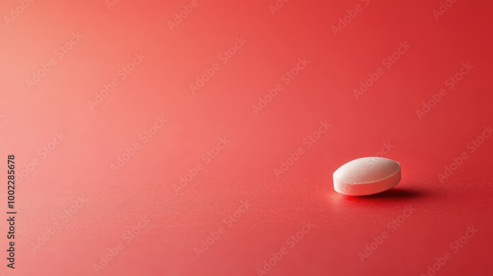 Single white pill on smooth, red surface