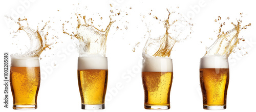 Ice cube falling down. Glass with chill foamy lager beer isolated on transparent background. Splashes. Concept of alcohol, Oktoberfest, drinks, holidays and festivals.