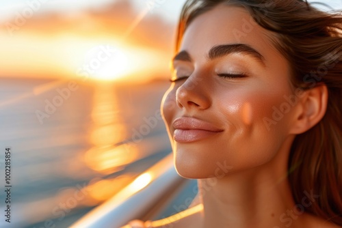 Relaxed young woman breathing fresh air on balcony in the morning