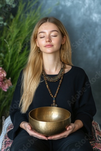 Young woman practicing mindfulness with a singing bowl in a serene outdoor se...