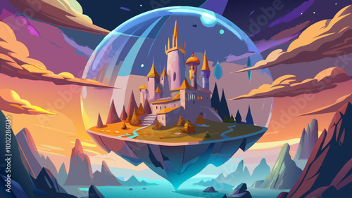 A fantasy castle enclosed in a glass sphere, floating on a rocky island above a fiery, colorful sky with stars. The castle has tall spires and towers, with a magical, whimsical appearance