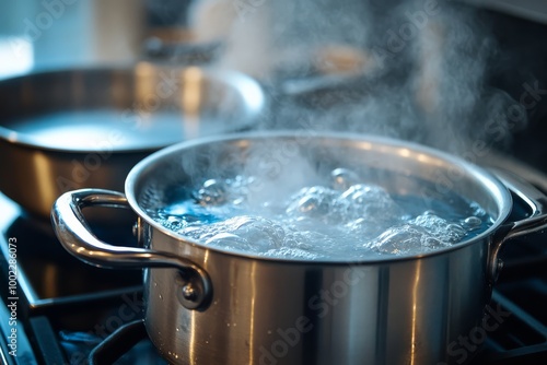 Close-up of a stainless steel pot filled with boiling water on a stovetop, steam rising, in a kitchen setting.