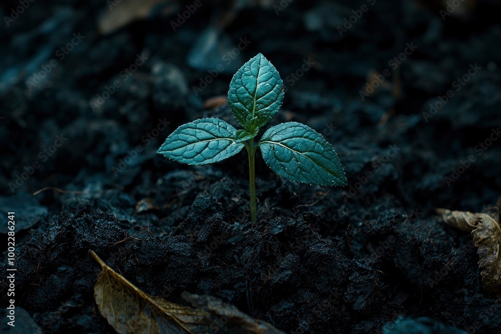 A Single Green Sprout Emerging from Dark Soil A Single Green Sprout Emerging from Dark Soil
