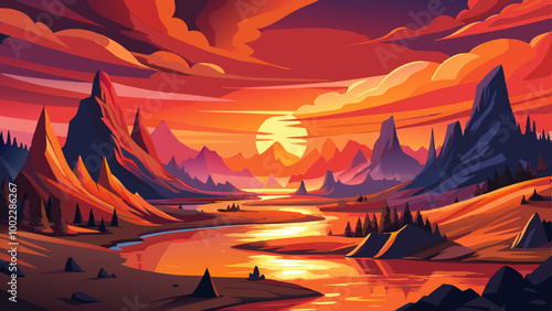 A dramatic fantasy landscape with a fiery orange and red sky, a winding river or lake reflecting the sunset, and silhouetted mountains or cliffs in the background