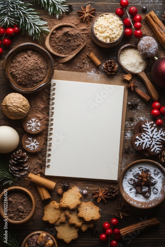 Ingredients and cooking essentials arranged for holiday baking on a wooden table
