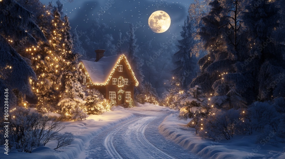 A Cozy Cabin Adorned with Lights in a Snowy Forest Under a Full Moon A Cozy Cabin Adorned with Lights in a Snowy Forest Under a Full Moon