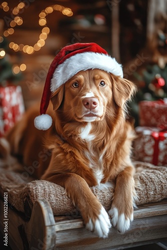 A festive dog wearing a Santa hat sits surrounded by Christmas presents in a ...