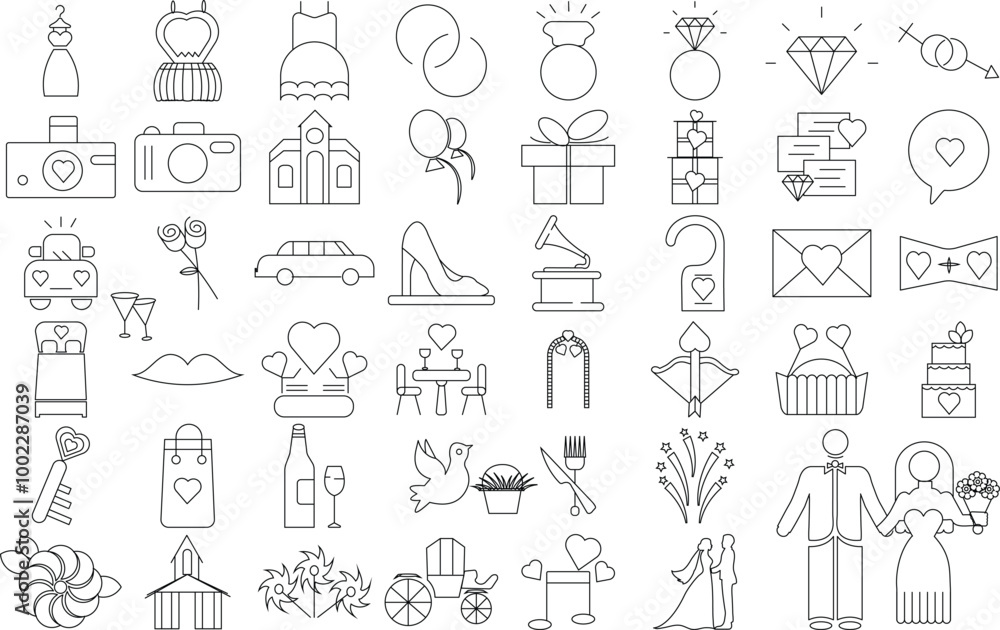 Wedding icon set for logo and T-Shirt. Thin line art editable stroke. Wedding icon set for logo and T-Shirt. Thin line art editable stroke.