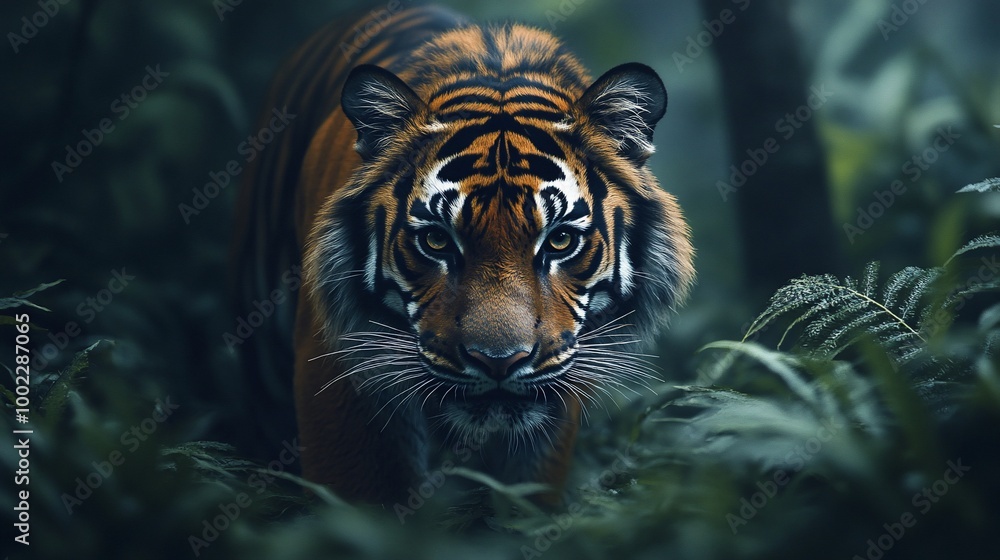A majestic tiger with striking orange and black stripes stares intensely at the camera from within a lush green jungle. A majestic tiger with striking orange and black stripes stares intensely at the camera from within a lush green jungle.