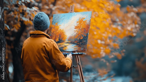 An artist captures the beauty of autumn in a serene forest setting during a s...