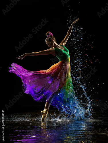 Elegante Balletttänzerin in buntem Tutu-Kleid führt graziöse Tanzpose auf einer Fläche mit spritzenden Wassertropfen auf. Dynamische Bewegung und Farbkontrast erzeugen eine poetische Szene photo