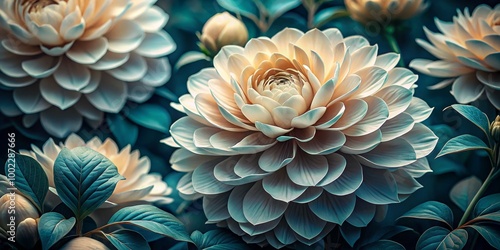 A Close-Up of a Creamy White Dahlia with Green Leaves and a Deep Blue Background, Centered with a Single Flower, Creating a Lush Floral Scene