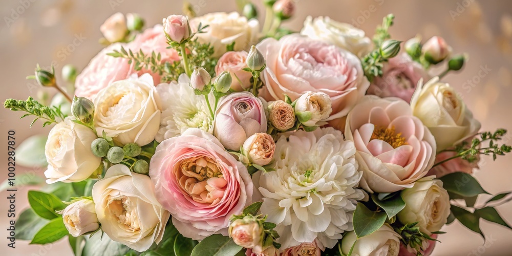 A Delicate Bouquet of Soft Pink and White Roses, Buds, and Greenery, Close-Up A Delicate Bouquet of Soft Pink and White Roses, Buds, and Greenery, Close-Up