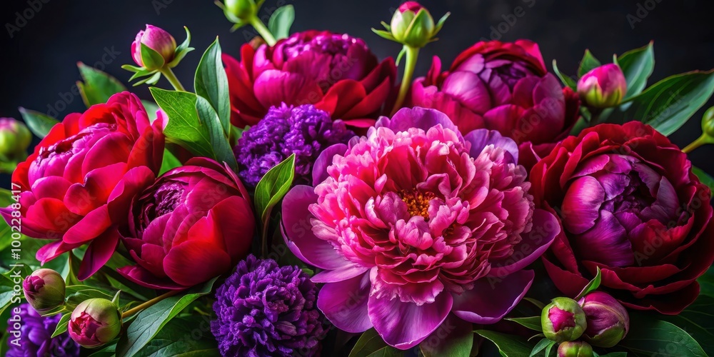A Symphony of Pink and Purple Close-Up of Vibrant Peonies and Buds in a Dark Background A Symphony of Pink and Purple Close-Up of Vibrant Peonies and Buds in a Dark Background