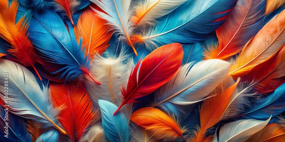 A Symphony of Feathers Blue, Red, and Orange Plumage in Close-Up Abstract A Symphony of Feathers Blue, Red, and Orange Plumage in Close-Up Abstract