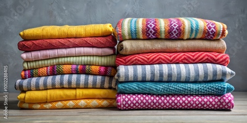 A Stack of Colorful Folded Fabric on Wooden Surface with Gray Background