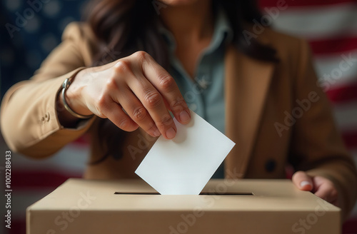 Voting in the box. Close up, Mexican female hands throwing a ballot into a ballot box. US flags in the background. Patriotic voting concept.