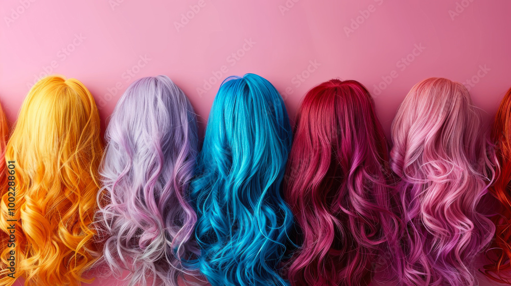 A row of long, colorful hair with a blue section in the middle. The hair is styled in a way that makes it look like a rainbow A row of long, colorful hair with a blue section in the middle. The hair is styled in a way that makes it look like a rainbow
