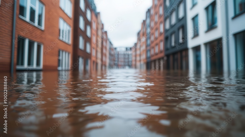 Fototapeta premium Flooded streets in a modern city, with water overtaking buildings, symbolizing extreme weather events and sea-level rise