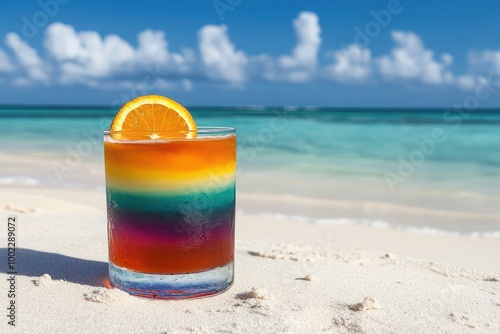 Rainbow layered cocktail drink in a glass on a sandy beach with an orange slice on the rim and turquoise ocean water in the background. photo