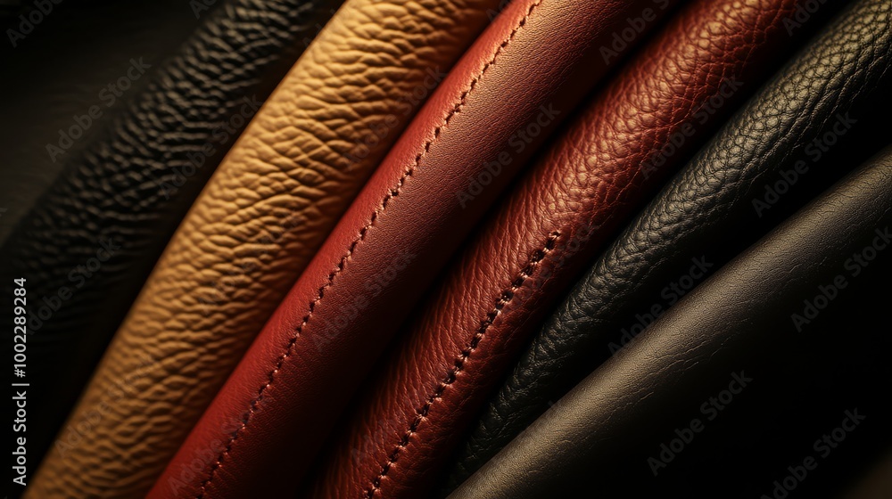 Fototapeta premium Close-up of various textured leather in different colors, showcasing the richness and quality of the material in a detailed shot.