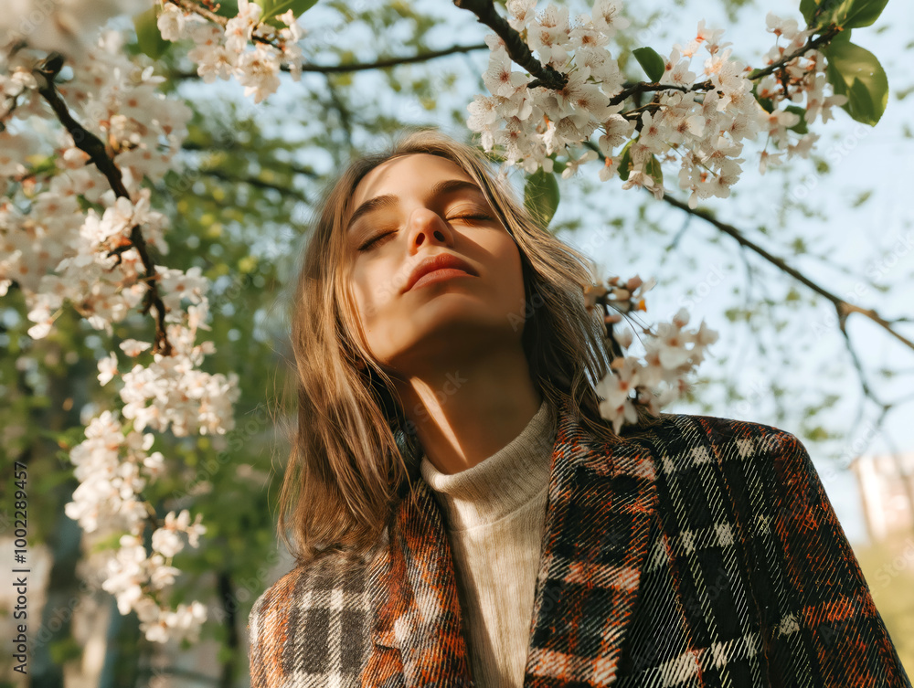 Young woman enjoying a sunny spring day, standing among blooming trees, with sunlight and shadows playing on her face Young woman enjoying a sunny spring day, standing among blooming trees, with sunlight and shadows playing on her face