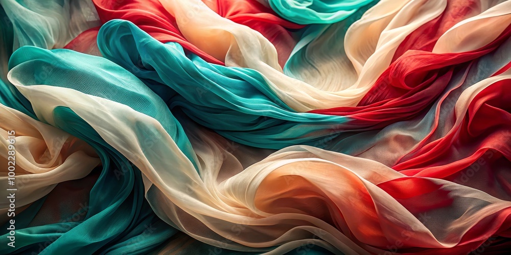 Abstract Flowing Fabric in Red, White, and Teal Tones A Study in Texture and Form