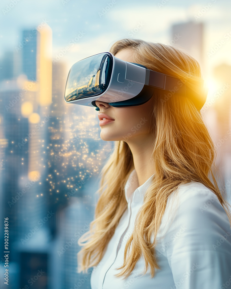 A woman wearing a white shirt and blonde hair is looking at a virtual reality display. The scene is set in a city with tall buildings in the background A woman wearing a white shirt and blonde hair is looking at a virtual reality display. The scene is set in a city with tall buildings in the background