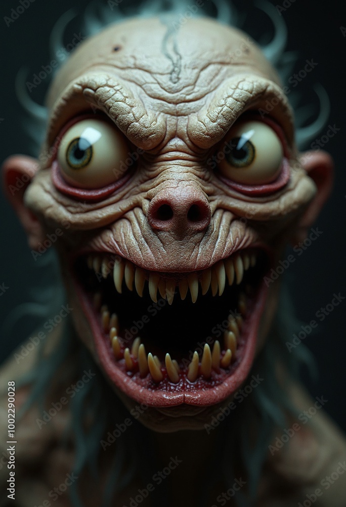 Close-up of a Creepy, Detailed Monster with Sharp Teeth and Large Eyes Close-up of a Creepy, Detailed Monster with Sharp Teeth and Large Eyes
