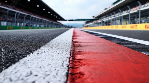 Close-up view of a vibrant red and white racing track line with an empty grandstand background, perfect for motorsport themed projects. photo