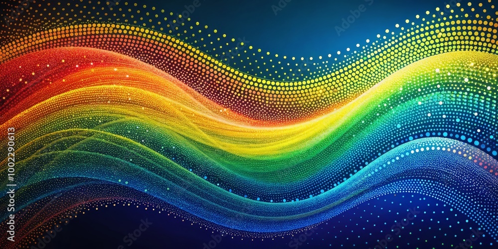 Abstract Rainbow Waves with Dotted Pattern and Glitter Effect on a Dark Blue Background Abstract Rainbow Waves with Dotted Pattern and Glitter Effect on a Dark Blue Background