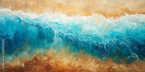 Abstract Resin Art Ocean Waves Crashing on Golden Sand - A Textural Interpretation of Coastal Beauty