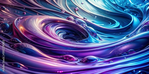 Abstract Swirling Liquid A Vibrant Digital Composition of Metallic Blues, Purples, and Iridescent Bubbles